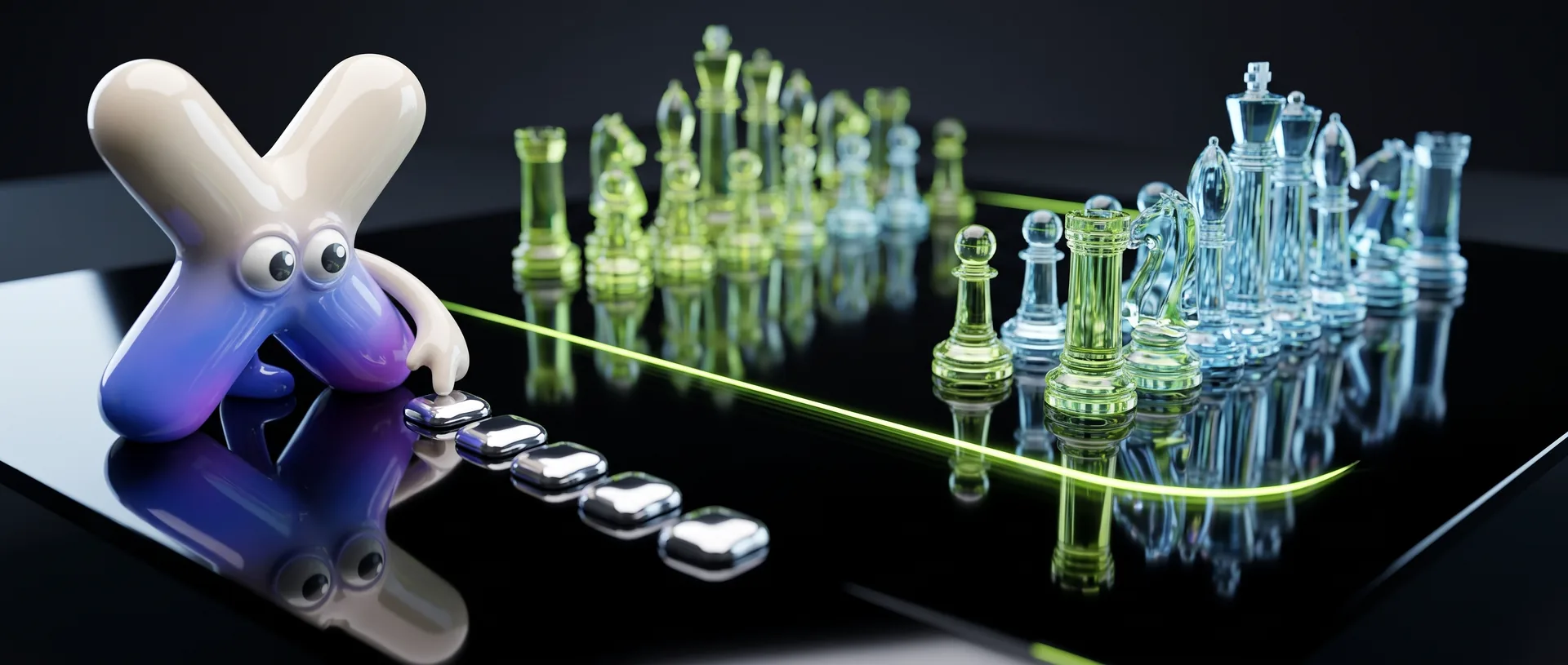 MOTIONX mascot beside a glass chessboard in a fictional strategy scene